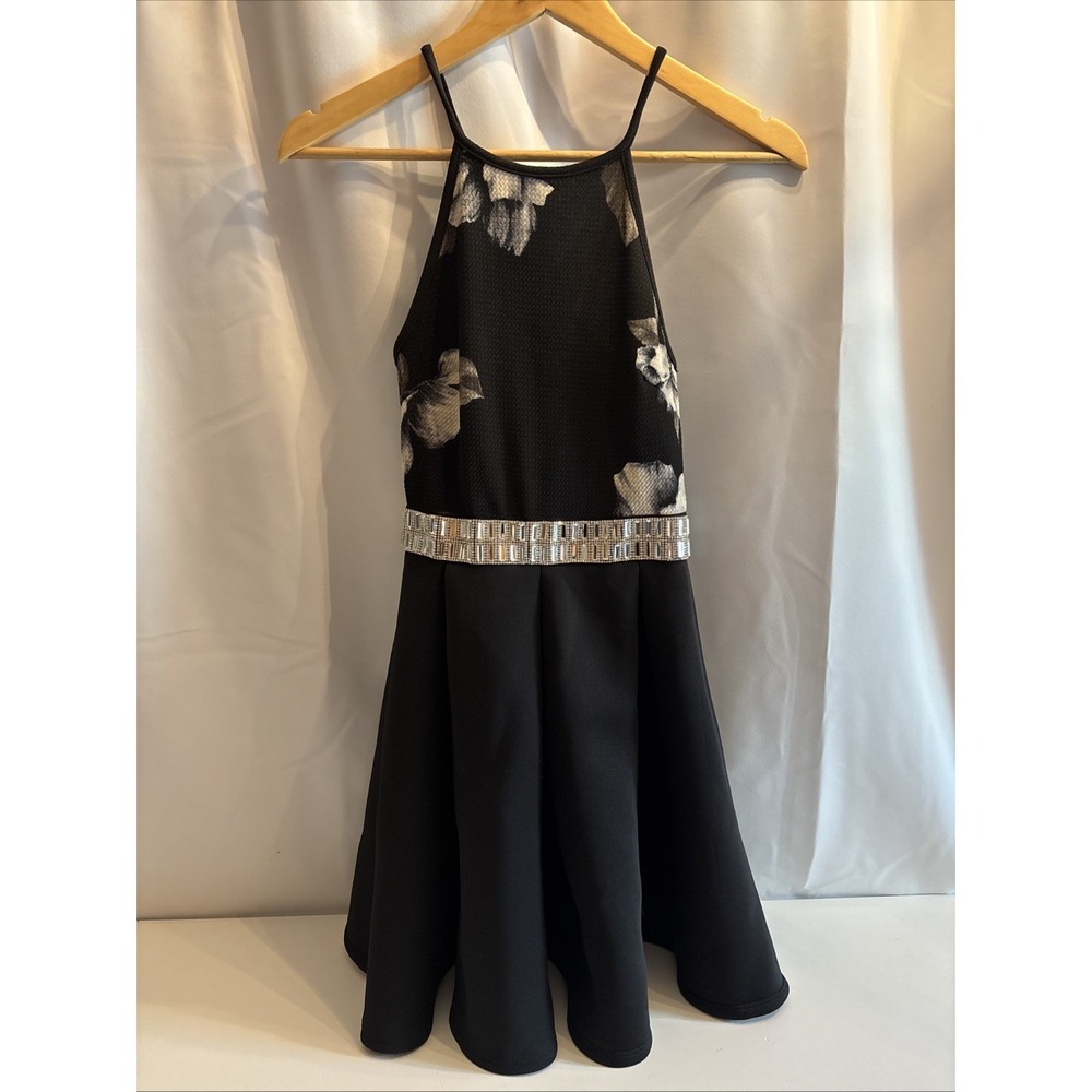 Papaya Scuba Swing Flare Dress Black W/Floral Top & Embellishment Waist Size S